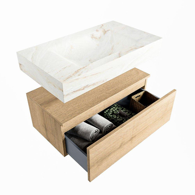Mondiaz ALAN-DLUX Ensemble de meuble - 80cm - meuble Washed Oak mat - 1 tiroir - Lavabo Cloud Frappe suspendu - vasque Centre - 0 trous de robinet