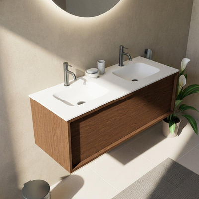Saniclass Holz Frame Ensemble meuble de salle de bains - 120x45x41.5cm - Vasque Flow en solid surface blanc - 2 lavabos - 2 trous de robinetterie - 1 tiroir - walnut pure mat (bois)