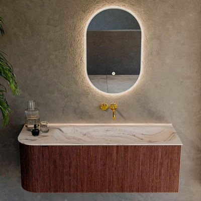 MONDIAZ KURVE-DLUX Meuble de salle de bains 125cm arrondi Gauche couleur Ruby avec 1 tiroir et 1 porte. Lavabo BIG MEDIUM Droite sans trou de robinet Nata.