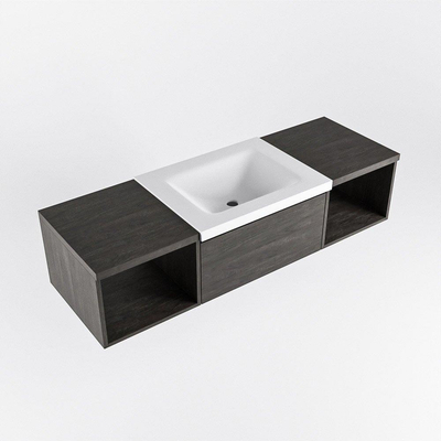MONDIAZ BUKLA 140cm ensemble de meuble avec module ouvert 40 L+R couleur Marron Foncé avec 2 tiroirs. Lavabo CLOUD centre 1 trou de robinet couleur Talc.