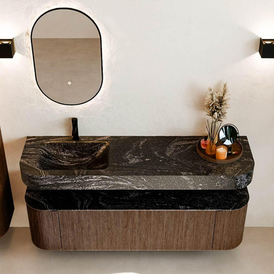 MONDIAZ THOR-DLUX 160cm meuble de salle de bains arrondi gauche + droite couleur Walnut avec 1 tiroir et 2 portes. Vasque suspendue CLOUD gauche 1 trou de robinet couleur Lava.