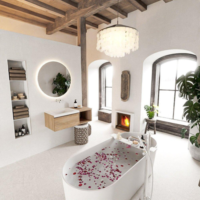 MONDIAZ BUKLA Meuble de salle de bains 100 cm avec module ouvert 40 couleur Washed Oak avec 1 tiroir. Lavabo CLOUD gauche 0 trou de robinetterie couleur Talc.