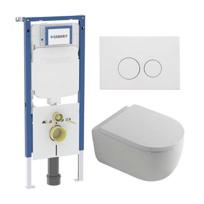 QeramiQ Dely Swirl Pack WC - 36,3x51,7cm - réservoir encastré Geberit UP720 Duofix Sigma - assise 35mm - plaque de commande en métal blanc mat - boutons ronds - blanc brillant