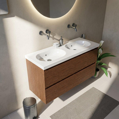 Saniclass Holz Pure Ensemble de meubles de salle de bains - 120x45x63.5cm - lavabo Palermo en céramique blanc - 2 vasques - sans trous de robinetterie - 4 tiroirs - noyer pure mat (bois)