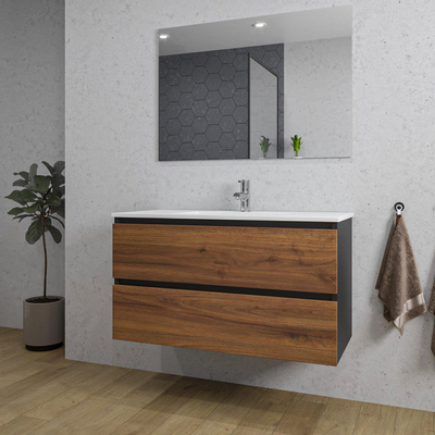 Adema Industrial 2.0 ensemble de meubles de salle de bain 100x45x55cm 1 vasque en céramique blanche 1 trou de robinetterie miroir rectangulaire bois/noir
