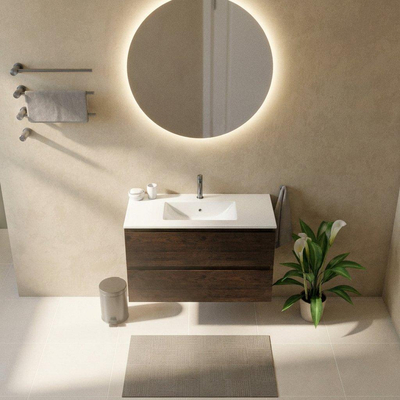 Saniclass Holz Pure Ensemble de meubles de salle de bains - 100x45x62cm - lavabo Vygo en céramique blanc - 1 vasque - 1 trou de robinetterie - 2 tiroirs - chêne charcoal mat (bois)