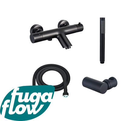 FugaFlow Eccelente Sobrado Badkamer Thermostatische badkraan met staafhanddouche, handdouchehouder en metalen doucheslang mat zwart
