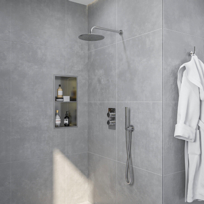 Fortifura Calvi Ensemble de douche à encastrer - thermostatique - bras mural - douche principale de 30 cm - douchette à main - flexible de douche lisse - chrome