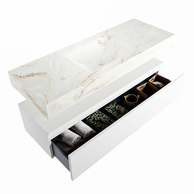 Mondiaz ALAN-DLUX Ensemble de meuble - 130cm - meuble Talc mat - 1 tiroir - Lavabo Cloud Frappe suspendu - vasque Centre - 1 trou de robinet