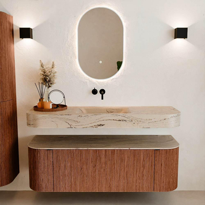 MONDIAZ THOR-DLUX 140cm meuble de salle de bains arrondi gauche + droite couleur Ruby avec 1 tiroir et 2 portes. Vasque suspendue CLOUD Centre sans trou de robinet couleur Arena.