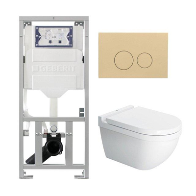 Duravit Starck 3 Pack WC avec réservoir WC attenant Geberit abattant avec abattant Saniclass softclose et plaque de commande QeramiQ beige avec boutons ronds blancs