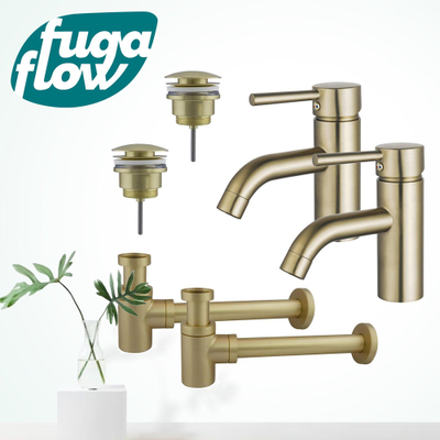 FugaFlow Eccelente Sobrado Badkamer Wastafelkraanset - voor dubbele wastafel - lage wastafelkraan - klikwaste plug - verlaagde design sifon - PVD Geborsteld Messing