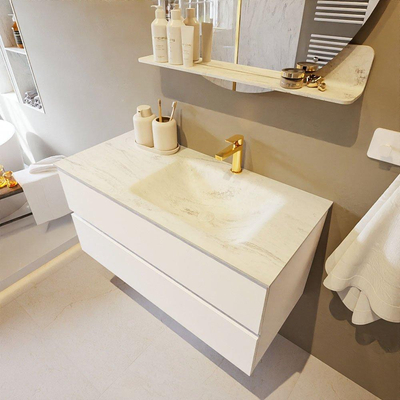 Mondiaz VICA-DLUX Ensemble de meuble de salle de bain - 100cm - meuble sous-vasque talc - 2 tiroirs - lavabo encastré cloud droite - 1 trou de robinet - version haute de 60cm - opalo