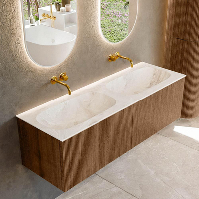 MONDIAZ KURVE-DLUX 140cm Meuble salle de bain - couleur Walnut - 2 tiroirs - vasque STOR SMALL double - sans trou de robinet - couleur Frappe