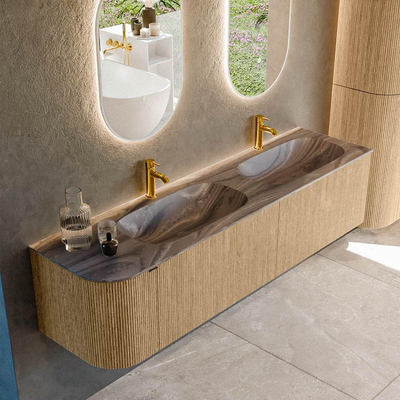 MONDIAZ KURVE-DLUX 175cm badmeubel ronding Links kleur Oak met 2 lades en 1 deur. Wastafel STOR SMALL Dubbel / Rechts 2 kraangaten Sombra.