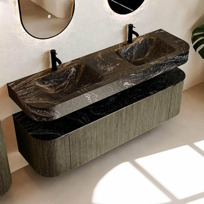 MONDIAZ THOR-DLUX 160cm meuble de salle de bains arrondi gauche + droite couleur Shadow avec 1 tiroir et 2 portes. Vasque suspendue CLOUD Double 2 trous de robinet couleur Lava.