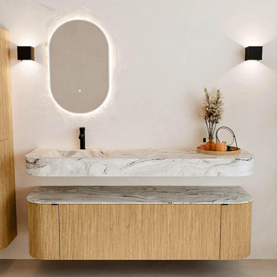 MONDIAZ THOR-DLUX 160cm badmeubel ronding links + rechts kleur Oak met 1 lade en 2 deuren. Vrijhangende wastafel CLOUD Links 1 kraangat kleur Glace.