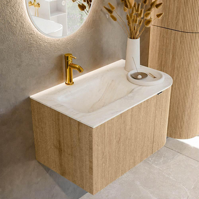 MONDIAZ KURVE-DLUX meuble de salle de bains 75 cm avec module 25 R couleur Oak avec 1 tiroir et 1 porte. Lavabo GRUNNE gauche 1 trou de robinet couleur Ostra.