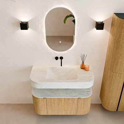 MONDIAZ THOR-DLUX 100cm badmeubel ronding links + rechts kleur Oak met 1 lade en 2 deuren. Vrijhangende wastafel CLOUD Midden zonder kraangat kleur Opalo.