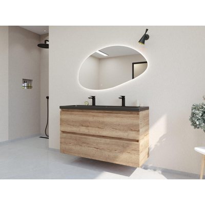 HR badmeubelen Infinity XXL 3D Ensemble meuble de salle de bains - 120 cm - 1 lavabo en céramique djazz noir mat - 2 trous de robinet - 2 tiroirs - chêne français