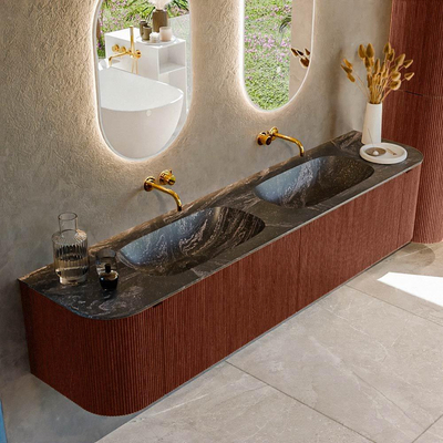 Ensemble de meuble de salle de bain Mondiaz KURVE-DLUX - 200x46x40cm - 2 tiroirs - 2 portes - lavabo en solid surface - double - sans trou de robinet - Ruby