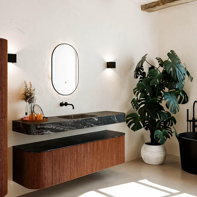 MONDIAZ THOR-DLUX 160cm meuble de salle de bains arrondi gauche + droite couleur Ruby avec 1 tiroir et 2 portes. Vasque suspendue CLOUD Centre sans trou de robinet couleur Lava.