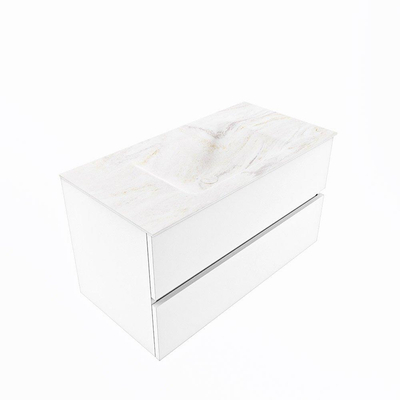 Mondiaz VICA-DLUX Ensemble de meuble de salle de bain - 90cm - meuble sous-vasque talc - 2 tiroirs - lavabo encastré cloud milieu - 1 trou de robinet - version haute de 60cm - ostra