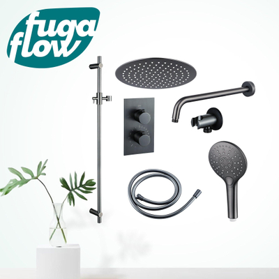 FugaFlow Eccelente Sobrado Ensemble de douche pluie encastrable - thermostatique - bras mural - barre curseur - pommeau 25cm - douchette ronde - Gunmetal