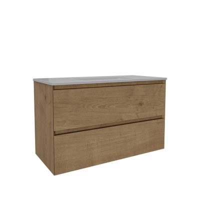 Saniclass Holz Pure Meuble de salle de bain - 100x45x60cm - lavabo en céramique blanc - 1 vasque - sans trous de robinet - 2 tiroirs - Chêne Natural