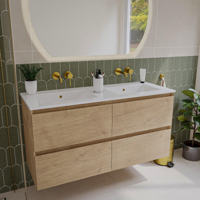 Saniclass Holz Pure Meuble de salle de bain - 120x45x60cm - lavabo en céramique blanc - 2 vasques - sans trous de robinet - 4 tiroirs - Chêne Natural