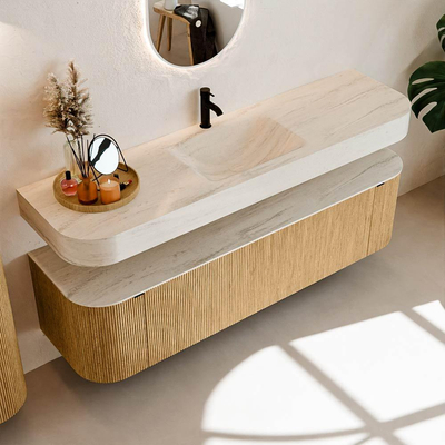 MONDIAZ THOR-DLUX 170cm badmeubel ronding links + rechts kleur Oak met 1 lade en 2 deuren. Vrijhangende wastafel CLOUD Midden 1 kraangat kleur Meli.