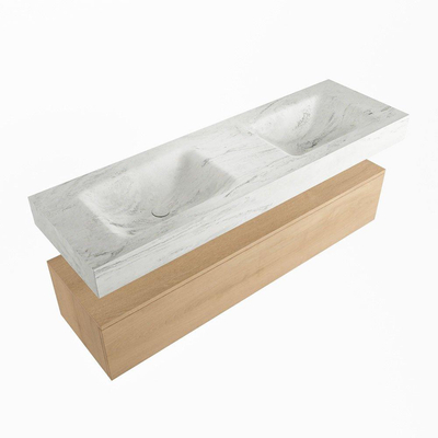 Mondiaz ALAN-DLUX Ensemble de meuble - 150cm - meuble Washed Oak mat - 1 tiroir - Lavabo Cloud Opalo suspendu - vasque Gauche et droite - 2 trous de robinet