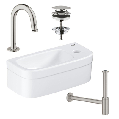 Grohe Euro Fonteinset - 37x18cm - rechthoek - 1 kraangat - zonder overloop - gebogen kraan - sifon - afvoerplug - wit/Supersteel (RVS)
