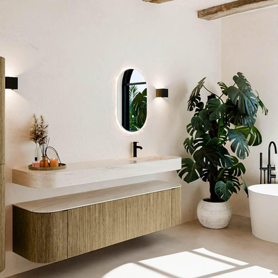 MONDIAZ THOR-DLUX 180cm meuble de salle de bains arrondi gauche + droite couleur Dusk avec 2 tiroirs et 2 portes. Vasque suspendue CLOUD Droite 1 trou de robinet couleur Meli.