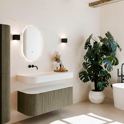 MONDIAZ THOR Meuble de salle de bains 120cm arrondi gauche + droite couleur Shadow avec 1 tiroir et 2 portes. Vasque suspendue CLOUD Gauche sans trou de robinet couleur Talc.