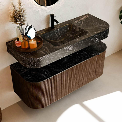 MONDIAZ THOR-DLUX 120cm meuble de salle de bains arrondi gauche + droite couleur Walnut avec 1 tiroir et 2 portes. Vasque suspendue CLOUD Milieu 1 trou de robinet couleur Lava.