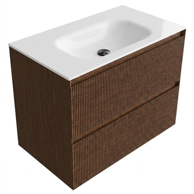 Saniclass Holz Atelier Ensemble meuble de salle de bains - 80x45x61.5cm - Flow lavabo en solid surface blanc - 1 vasque - sans trou de robinetterie - 2 tiroirs - walnut pure mat (bois)