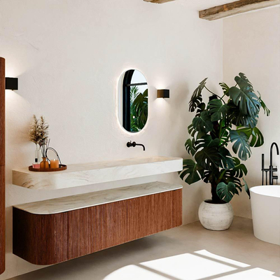 MONDIAZ THOR-DLUX 180cm meuble de salle de bains arrondi gauche + droite couleur Ruby avec 2 tiroirs et 2 portes. Vasque suspendue CLOUD Droite sans trou de robinet couleur Ostra.