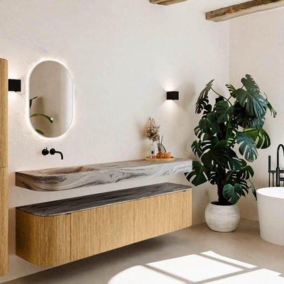 MONDIAZ THOR-DLUX 190cm meuble de salle de bains arrondi gauche + droite couleur Oak avec 2 tiroirs et 2 portes. Vasque suspendue CLOUD Gauche sans trou de robinet couleur Sombra.