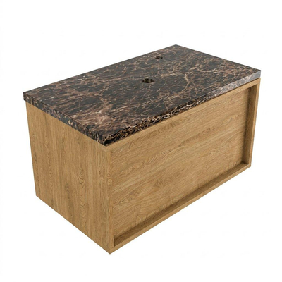 Saniclass Holz Frame Ensemble de meubles de salle de bains - 80x45x43cm - Plan de travail en pierre naturelle Noche dark emperador - 1 trou de robinet - 1 tiroir - chêne natural mat (bois)