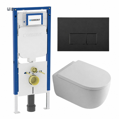 QeramiQ Dely Swirl Toiletset - 36.3x51.7cm - Geberit UP720 Duofix Sigma inbouwreservoir - 35mm zitting - mat zwarte bedieningsplaat - rechthoekige knoppen - glans wit