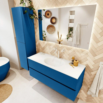 Mondiaz VICA ensemble de meuble de salle de bain - 120cm - meuble sous-vasque jeans - 2 tiroirs - lavabo moon milieu - 1 trou de robinet - couleur talc - miroir LED - version XL 60cm haut