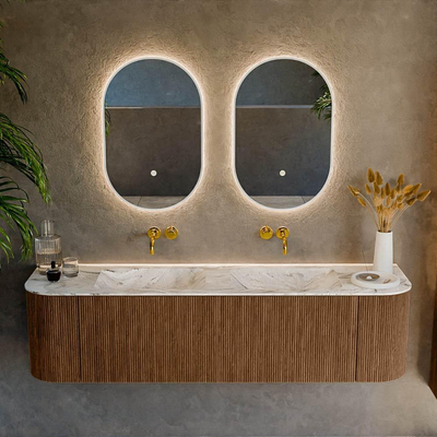 MONDIAZ KURVE-DLUX 170cm Meuble salle de bain avec module 25 G et D - couleur Walnut - 1 tiroir - 2 portes - vasque LEAF double - sans trou de robinet - couleur Glace