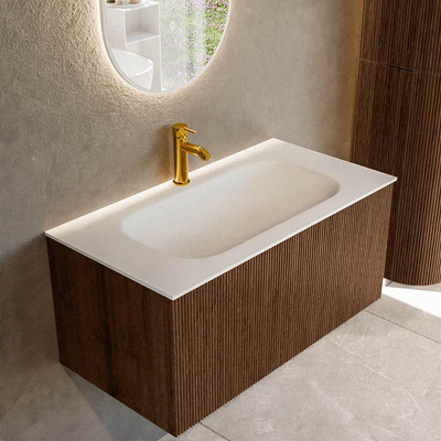 MONDIAZ KURVE 90cm badmeubel kleur Walnut met 1 lade. Wastafel BIG SMALL midden 1 kraangat Talc.