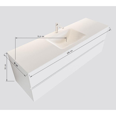 Mondiaz VICA ensemble de meuble de salle de bain - 150cm - meuble sous lavabo talc - 2 tiroirs - lavabo cloud milieu - 1 trou de robinet - version XL 60cm haut