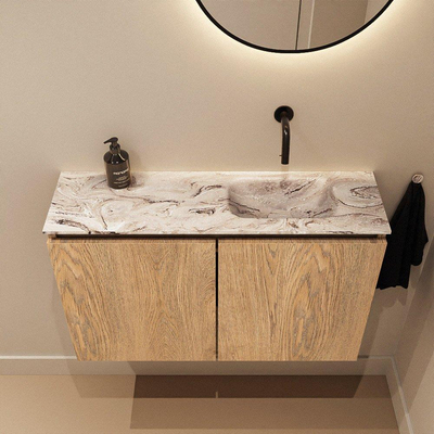 MONDIAZ TURE-DLUX Meuble de toilettes 80 cm Washed Oak. Lavabo EDEN Glace position droite. Sans trou de robinet.