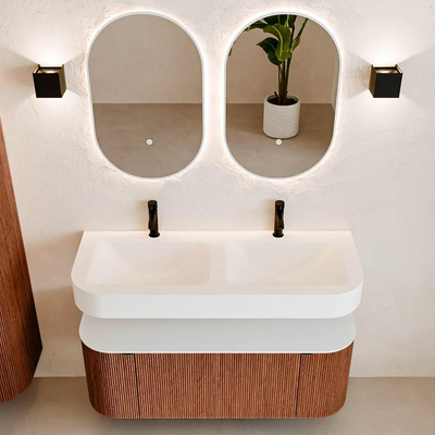 MONDIAZ THOR 120cm meuble de salle de bains arrondi gauche + droite couleur Ruby avec 1 tiroir et 2 portes. Vasque suspendue CLOUD Double 2 trous de robinet couleur Talc.