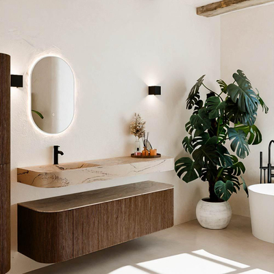 MONDIAZ THOR-DLUX 160cm meuble de salle de bains arrondi gauche + droite couleur Walnut avec 1 tiroir et 2 portes. Vasque suspendue CLOUD Gauche 1 trou de robinet couleur Arena.