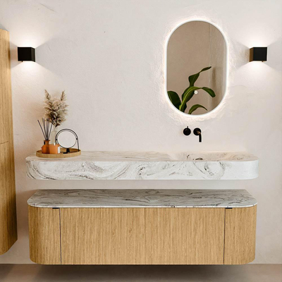 MONDIAZ THOR-DLUX Meuble de salle de bains 160cm arrondi gauche + droite couleur Oak avec 1 tiroir et 2 portes. Vasque suspendue CLOUD Droite sans trou de robinet couleur Glace.