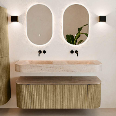 MONDIAZ THOR-DLUX 140cm meuble de salle de bains arrondi gauche + droite couleur Dusk avec 1 tiroir et 2 portes. Vasque suspendue CLOUD Double sans trou de robinet couleur Saba.